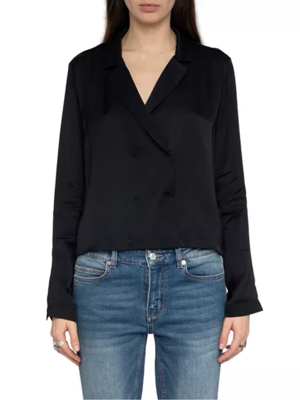Zadig & Voltaire TUSSI soft Black Satin Double-Breasted Blouse NEW NWT LARGE